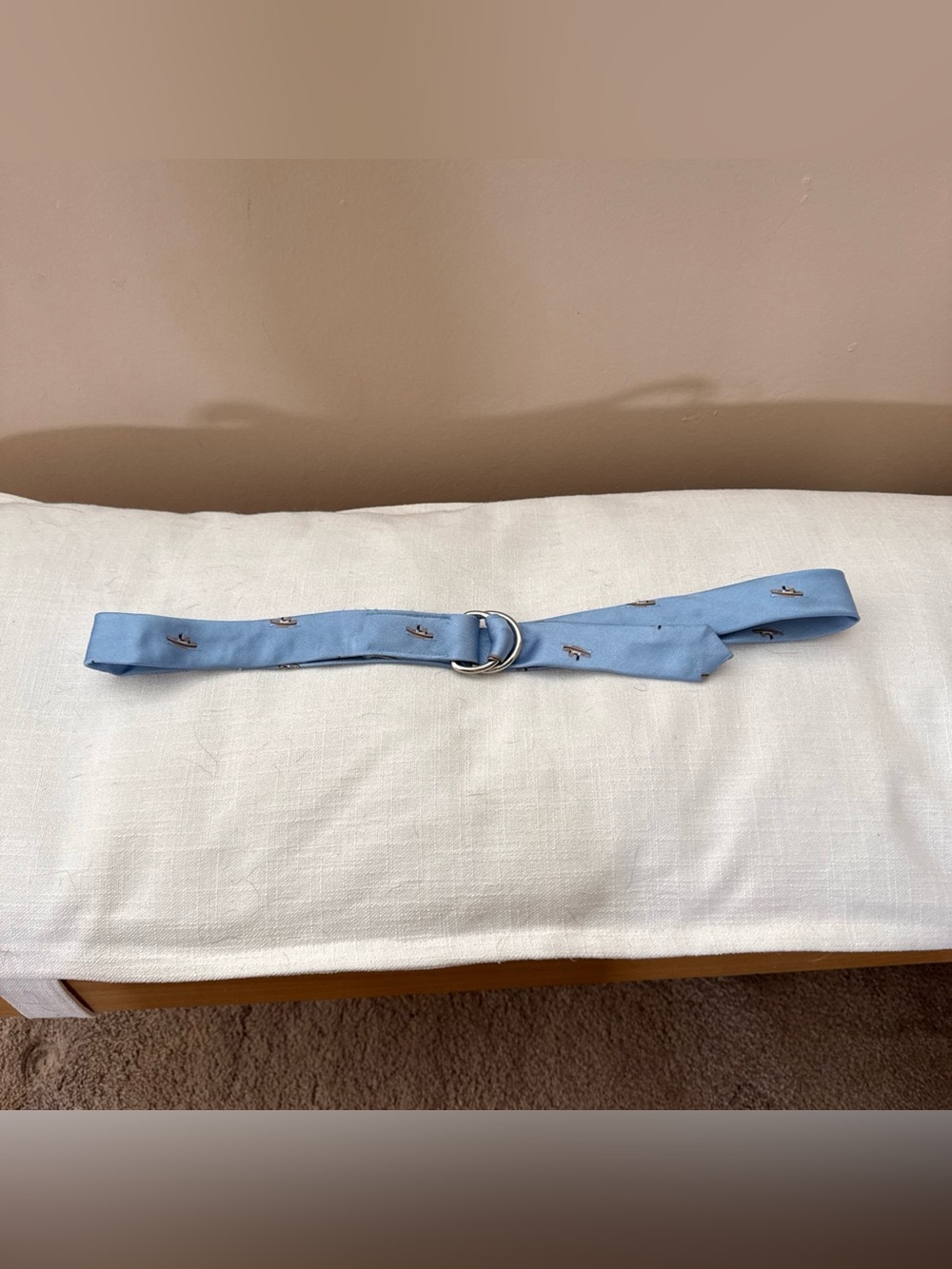 J Crew Mens Silk Light Blue D-Ring Belt with Nautical Embroidery